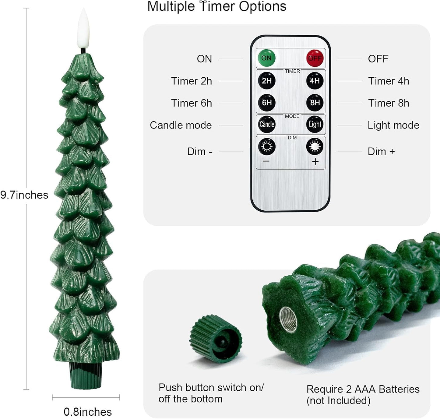 4PCS Christmas Tree Candles, 9.7 Inch Flameless Taper Candles with Remote and Timer, LED Battery Operated Taper Candlesticks with 3D Flickering for Christmas Home Decoration.