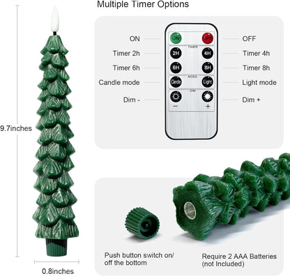 4PCS Christmas Tree Candles, 9.7 Inch Flameless Taper Candles with Remote and Timer, LED Battery Operated Taper Candlesticks with 3D Flickering for Christmas Home Decoration.