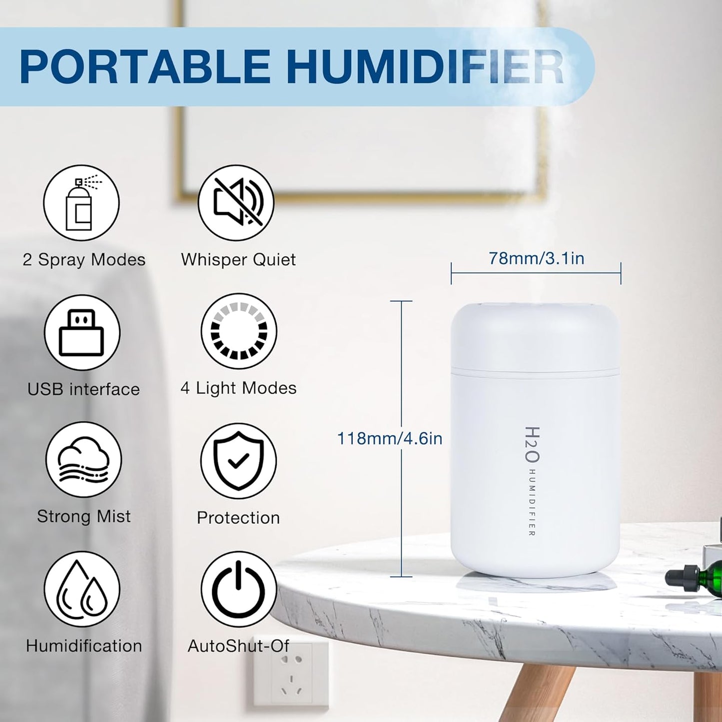 Portable Mini Humidifier, 300ml USB Cool Mist Small Humidifier with Colorful Lights. Perfect for Bedroom, Office, Plants, travel & Car (White)