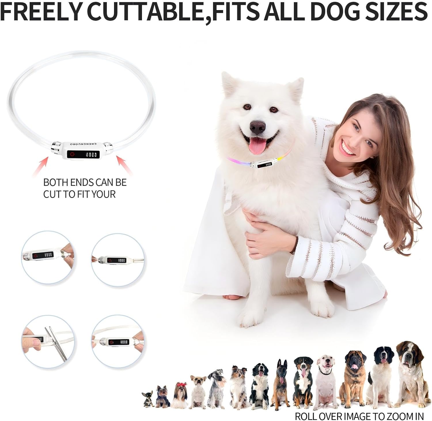 Multi-Color LED Dog Collar Rechargeable - Adjustable Glowing Collar for Most Dogs, Waterproof Reflective & Long-Lasting 200mAh Battery by Chengnuobo