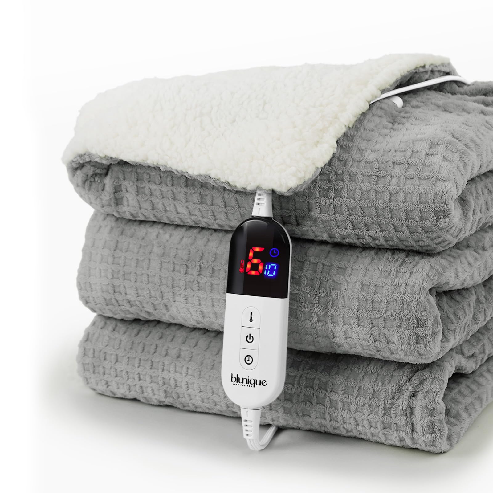 Heated Blanket Electric Throw Waffle, 50x60 Inches Sherpa Fleece Fast Heating Blanket 6 Heating Levels & 4 Hours Auto Off ETL Certification, Grey Throw