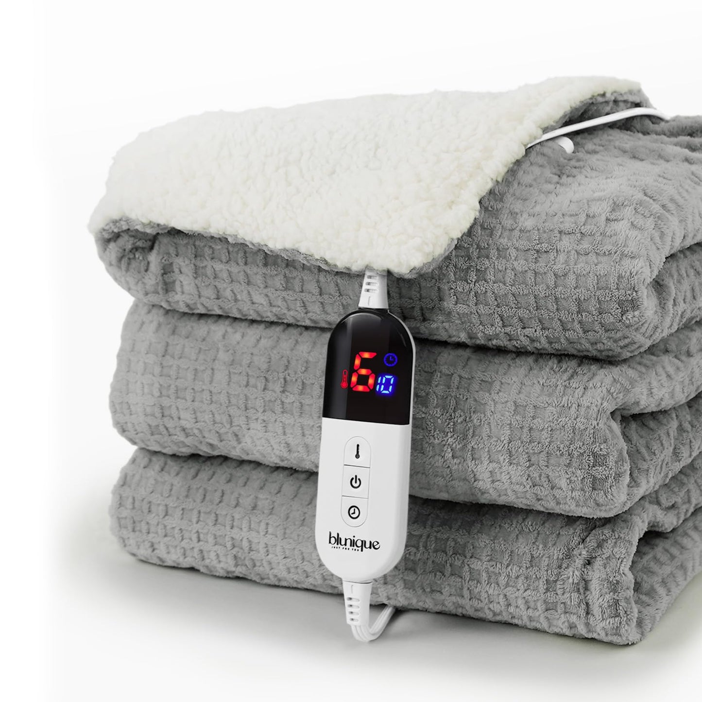 Heated Blanket Electric Throw Waffle, 50x60 Inches Sherpa Fleece Fast Heating Blanket 6 Heating Levels & 4 Hours Auto Off ETL Certification, Grey Throw