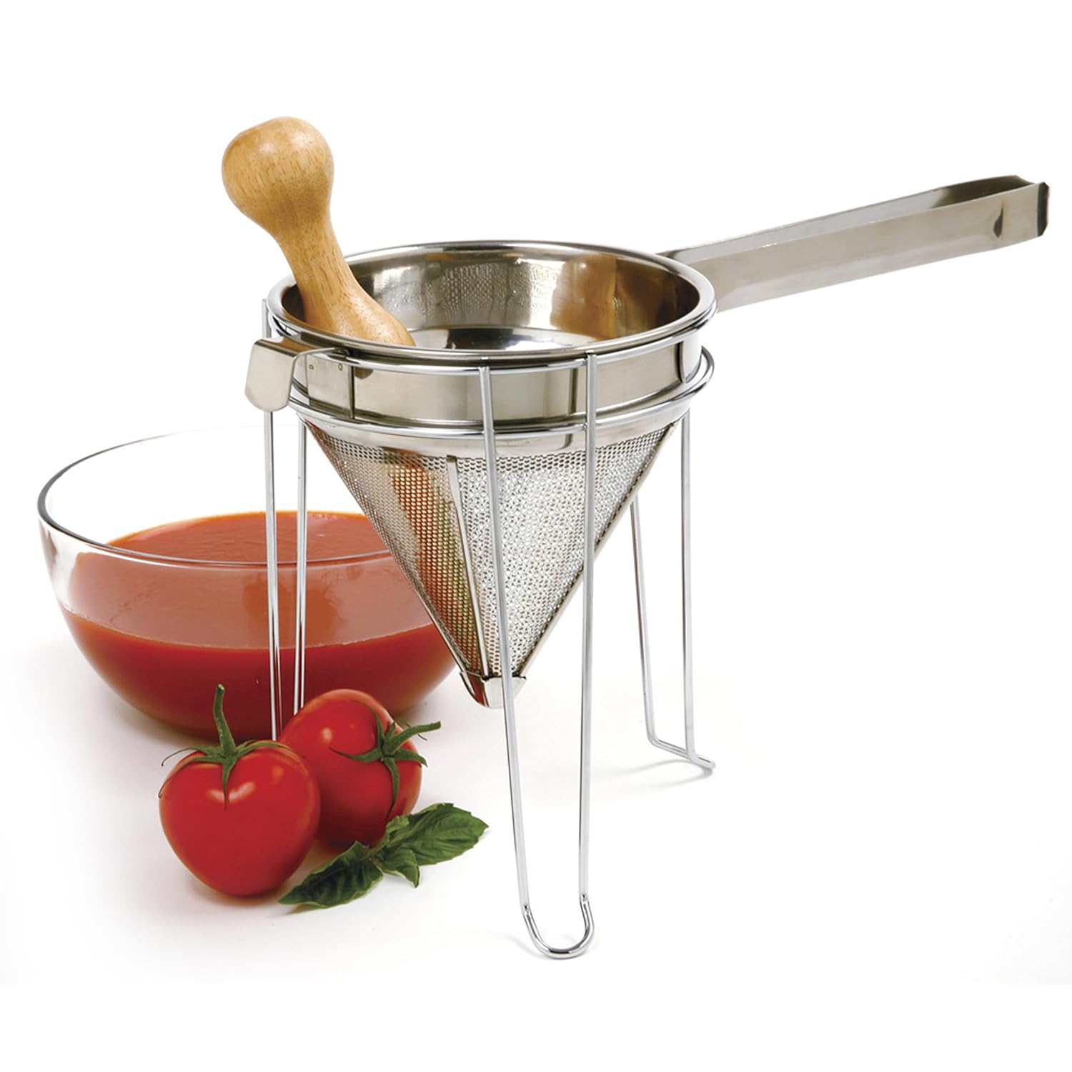 Norpro 642 Stainless Steel Chinois with Stand and Pestle Set, Bouillon Strainer, Jelly Strainer, China Cap