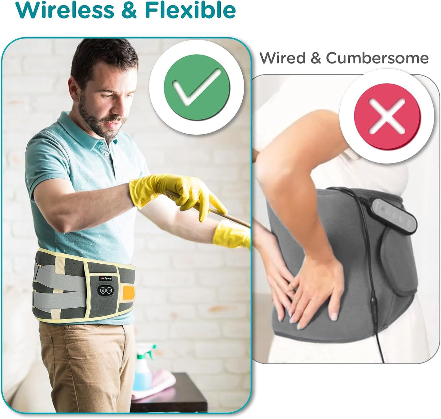 Comfytemp Cordless Heating Pad with Massager for Back Pain Relief, Portable Lower Back Massager, Birthday Gifts for Dad Mom Men Women, 3 Heat Auto-Off 58" Grey Yellow