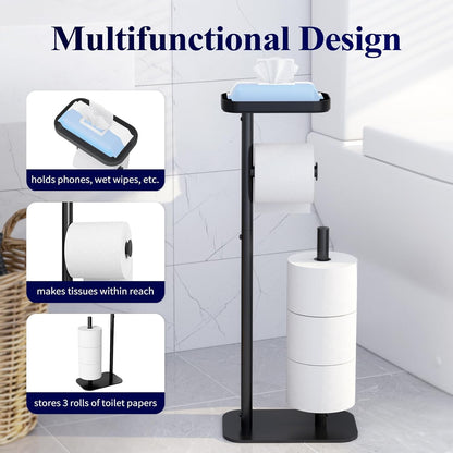 Kitsure Toilet Paper Holder Free Standing – Rustproof Metal Toilet Paper Stand for 4 Rolls with Anti-Slip Base and Shelf for Phone & Small Items, Bathroom Organizers and Storage, Black
