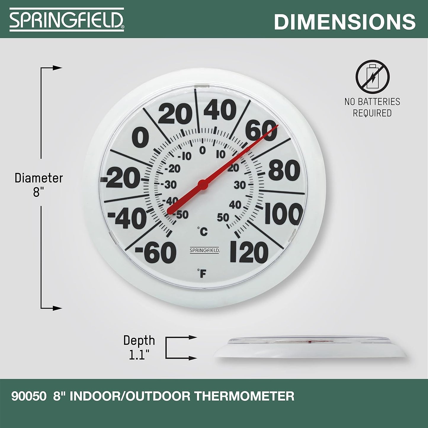 Springfield Indoor Outdoor Big Dial Thermometer, Wireless with Large Easy-to-Read Numbers, 8-Inch Dial for Patio, Pool, or Indoor Use, White Finish