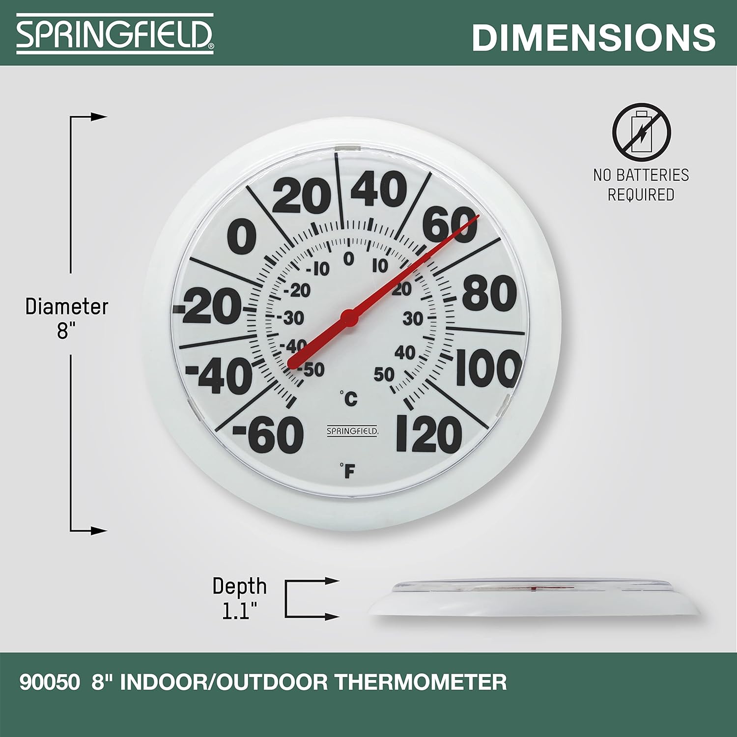 Springfield Indoor Outdoor Big Dial Thermometer, Wireless with Large Easy-to-Read Numbers, 8-Inch Dial for Patio, Pool, or Indoor Use, White Finish