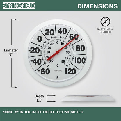 Springfield Indoor Outdoor Big Dial Thermometer, Wireless with Large Easy-to-Read Numbers, 8-Inch Dial for Patio, Pool, or Indoor Use, White Finish