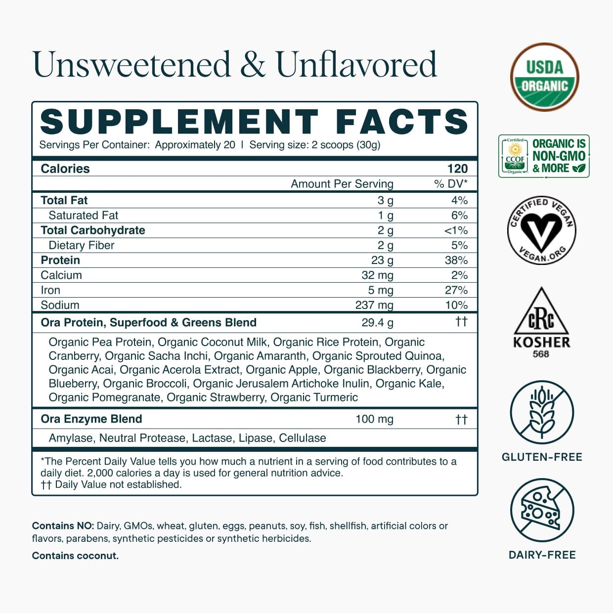 Ora Organic Vegan Protein Powder - 23g Plant Based Pea Protein + Superfood for Women and Men - Unsweetened & Unflavored - 20 Servings, No Erythritol, Keto-Friendly, Gluten-Free, Paleo, Soy-Free