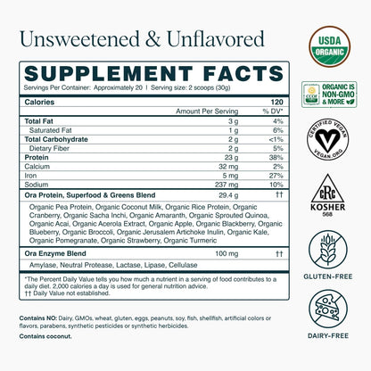 Ora Organic Vegan Protein Powder - 23g Plant Based Pea Protein + Superfood for Women and Men - Unsweetened & Unflavored - 20 Servings, No Erythritol, Keto-Friendly, Gluten-Free, Paleo, Soy-Free