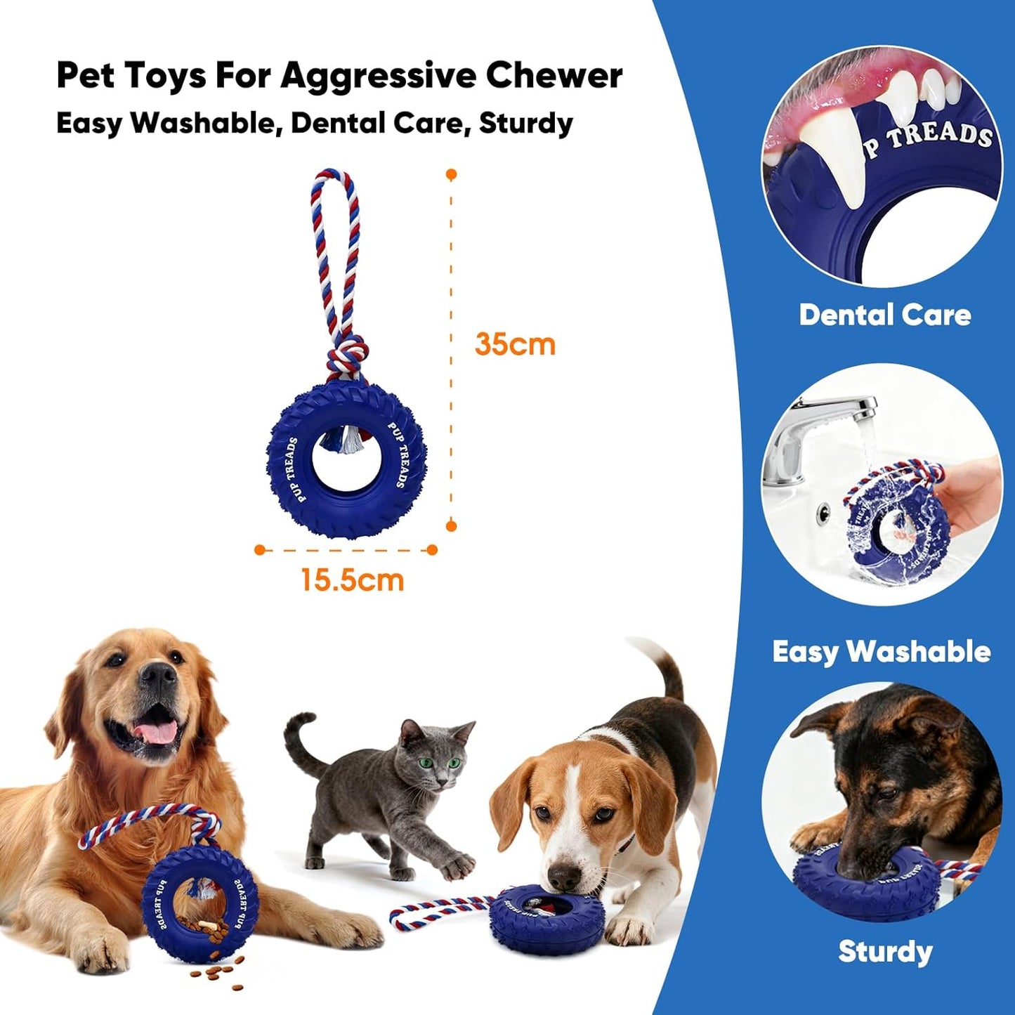 Deeow Dog Tire Toy 6 inch - Treat Dispensing Chew Toy for Aggressive Chewers, Natural Rubber Durable Chew Bone for Medium Large Dogs, Mental Stimulation Puzzle Feeder Interactive Pet Toy-Blue