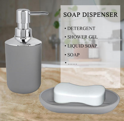 Bathroom Accessories Set 4 PCS, Grey Bathroom Accessories Includes Toothbrush Holder, Toothbrush Cup, Soap Dispenser & Dish, Soap and Toothbrush Holder Set for Bathroom Decor
