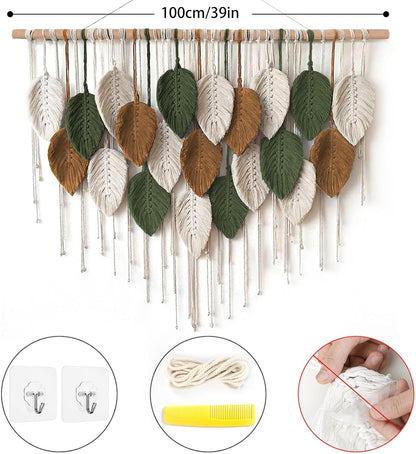 KHOYIME Large Macrame Wall Hanging Boho Woven Tapestry, Chic Home Decor Modern Bohemian Handmade Leaf Feather Wall Art Decorations for Apartment Dorm Living Room Bedroom Nursery Backdrop 39"W X 29.5"L