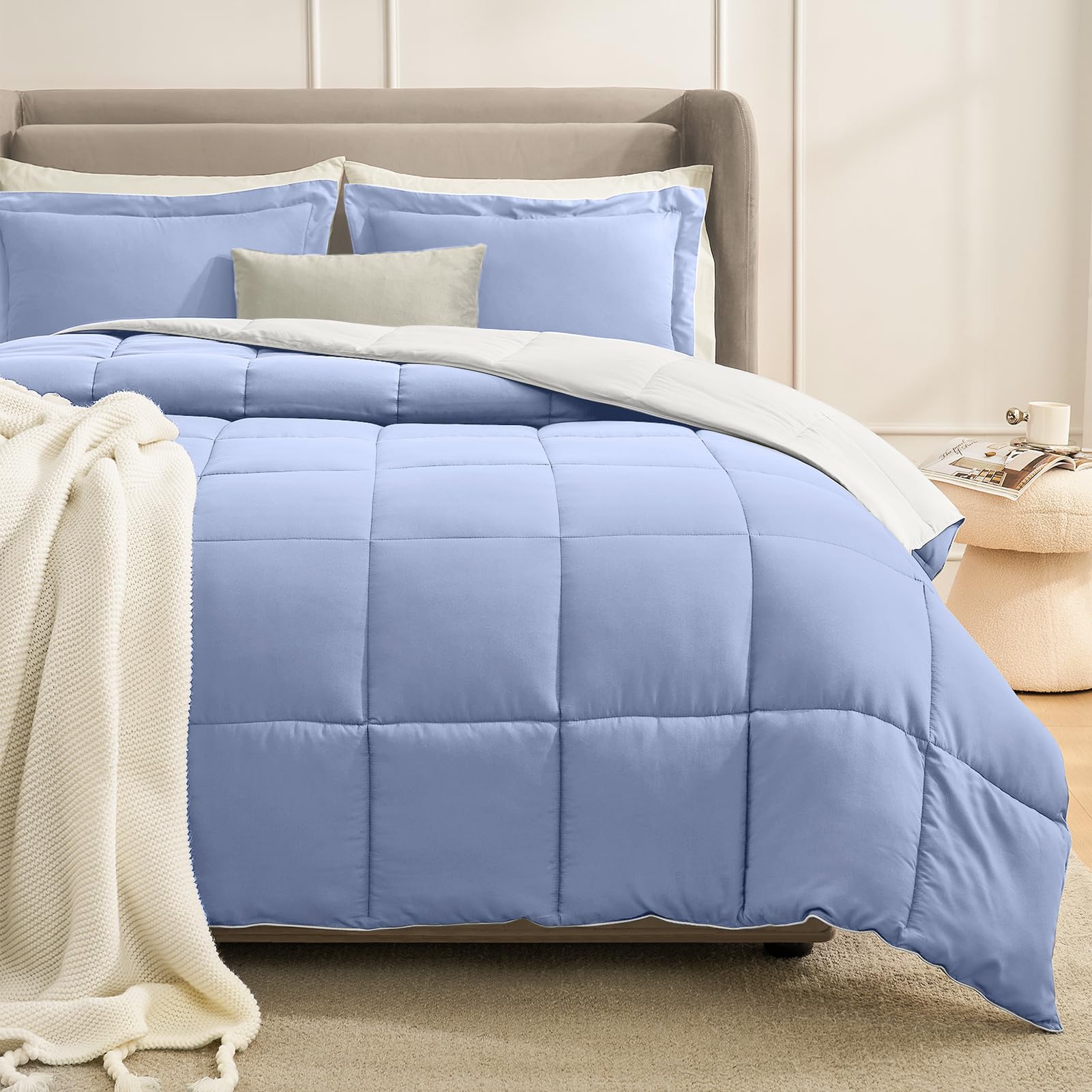 Homelike Moment Queen Comforter Set Grey, Comforters Queen Size Set, Soft Lightweight Down Alternative Bed Comforter Full Size Reversible All Season 3 Pieces Bedding Sets Grey/Light Gray