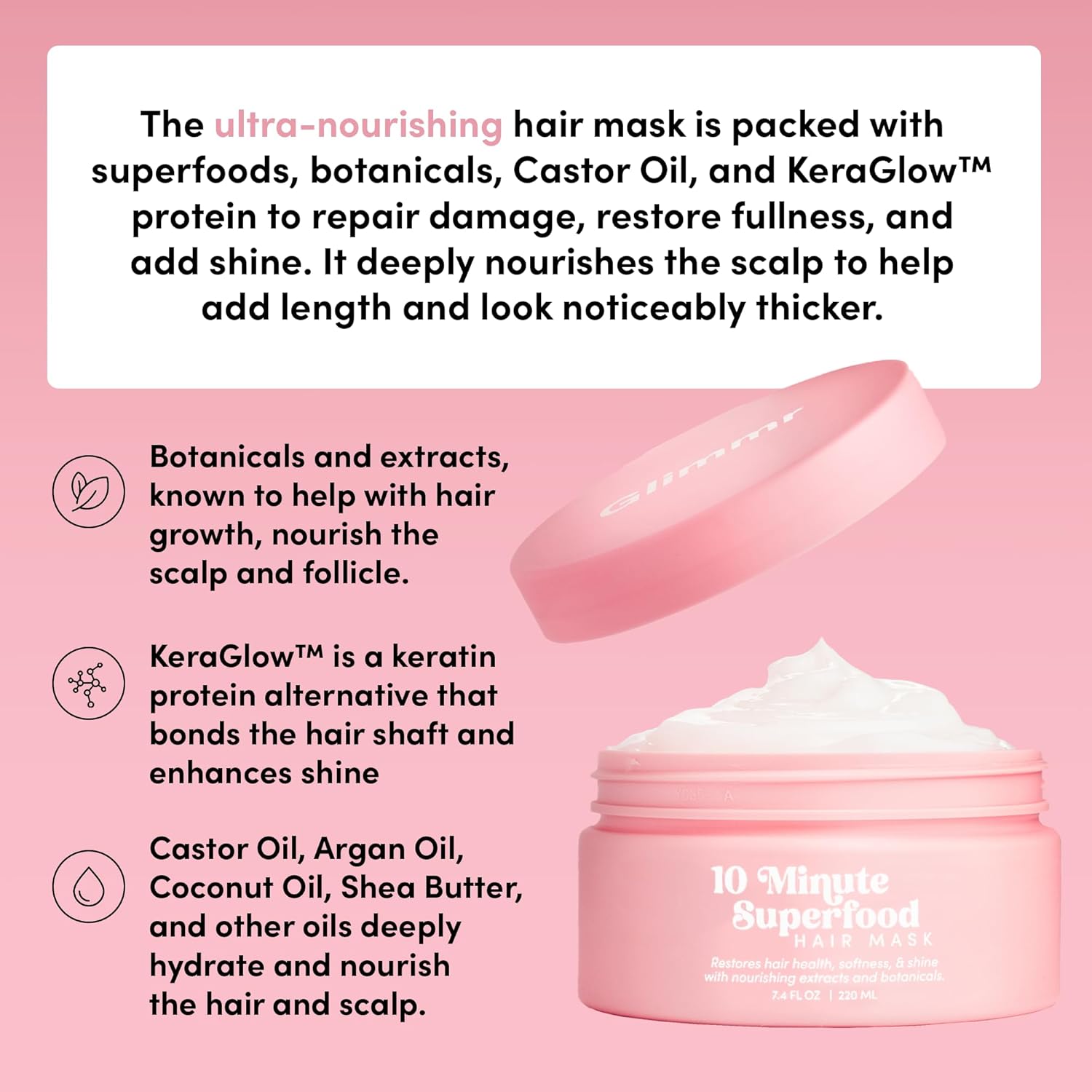 Glimmr 10-Minute Hair Mask for Damaged Hair – Deep Conditioner with Bonding Protein, Castor Oil & Superfood Extracts – Restores Shine, Reduces Breakage, Softens, Strengthens & Adds Fullness