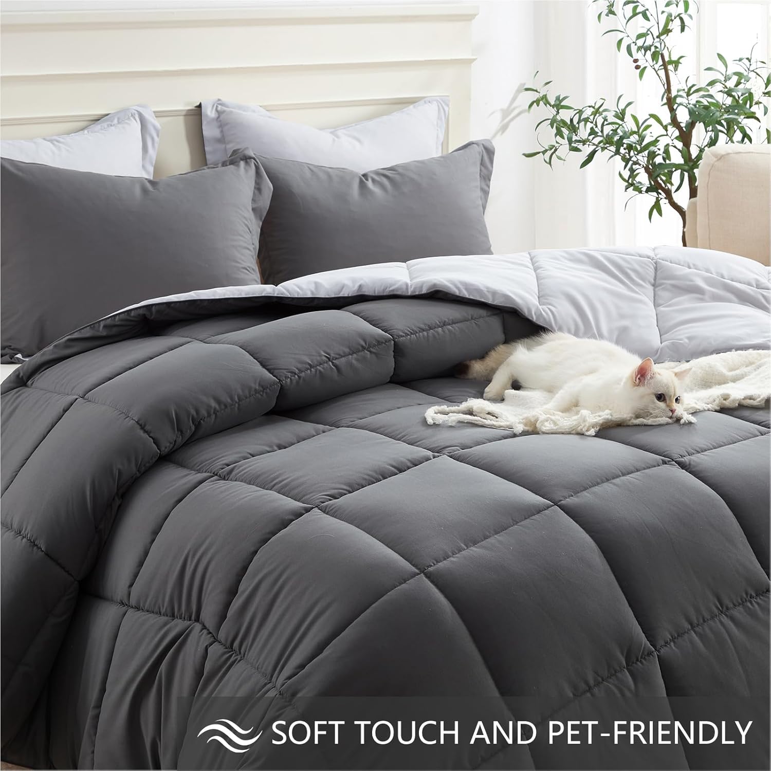 Homelike Moment Queen Comforter Set Grey, Comforters Queen Size Set, Soft Lightweight Down Alternative Bed Comforter Full Size Reversible All Season 3 Pieces Bedding Sets Grey/Light Gray