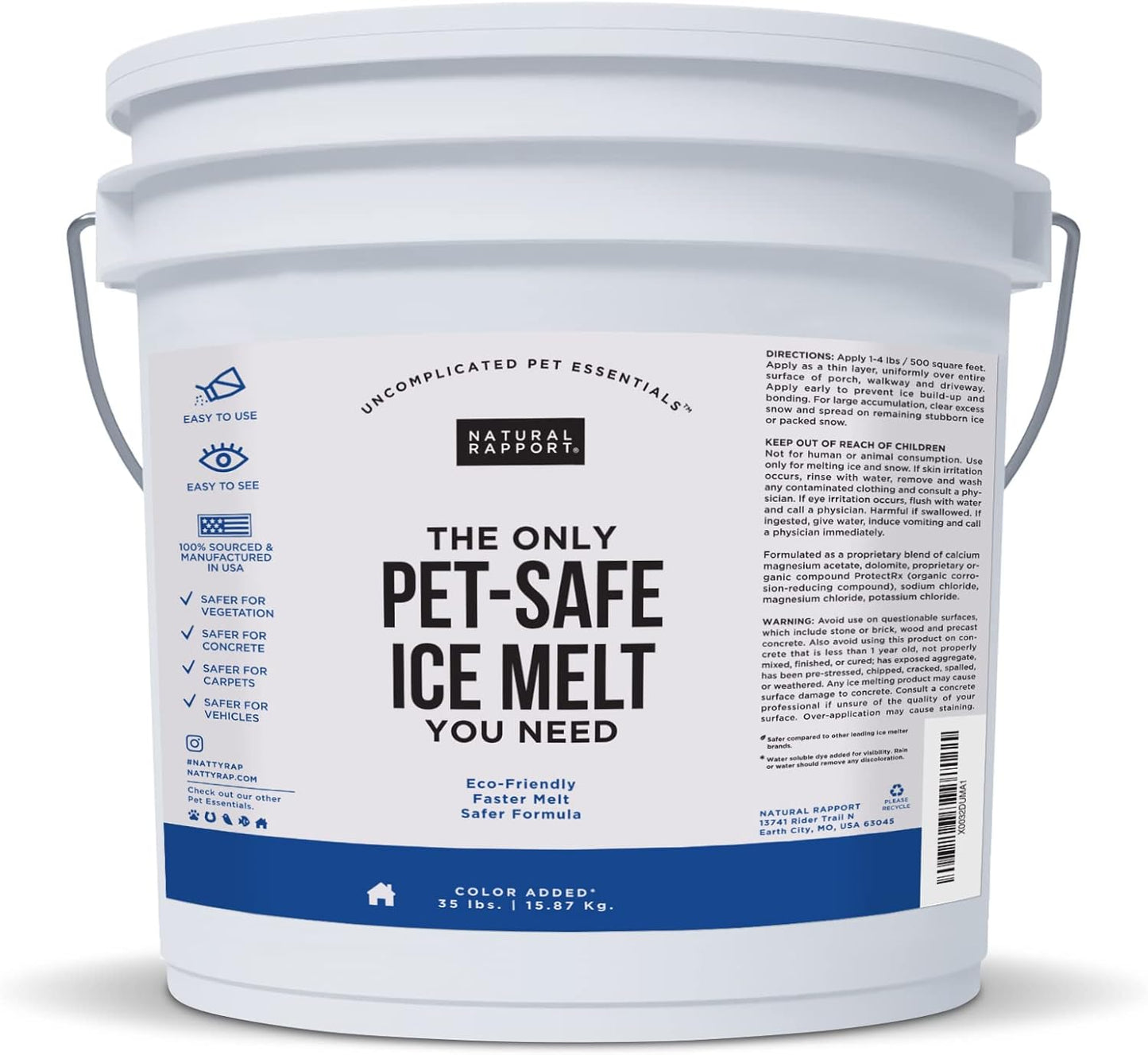 Natural Rapport Pet Friendly Ice Melt - Calcium Chloride Free, Pet Safe Ice Melter, Rock Salt Alternative - Time Release Deicer Formula Lasts 3X Longer (35 lb)
