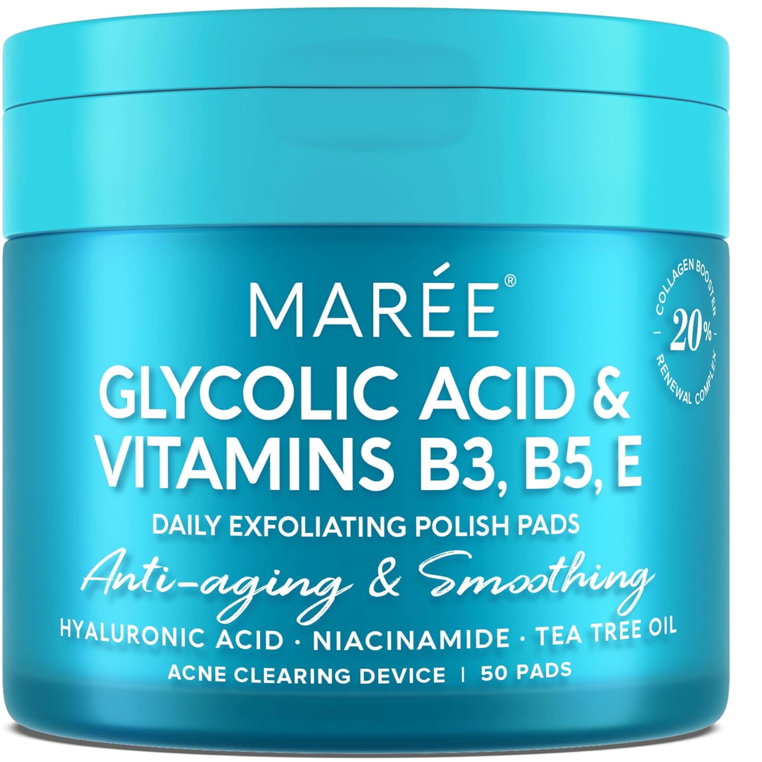MAREE Glycolic Acid Pads - Toner Pads for Face Cleansing - Exfoliating Pad with Tea Tree Oil, Salicylic Acid & Vitamins E, B3, B5 - Acne Clearing, Skin Pore Resurfacing & Radiance Device - 50 Count