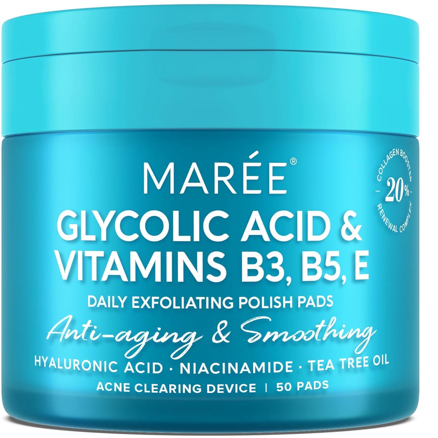 MAREE Glycolic Acid Pads - Toner Pads for Face Cleansing - Exfoliating Pad with Tea Tree Oil, Salicylic Acid & Vitamins E, B3, B5 - Acne Clearing, Skin Pore Resurfacing & Radiance Device - 50 Count