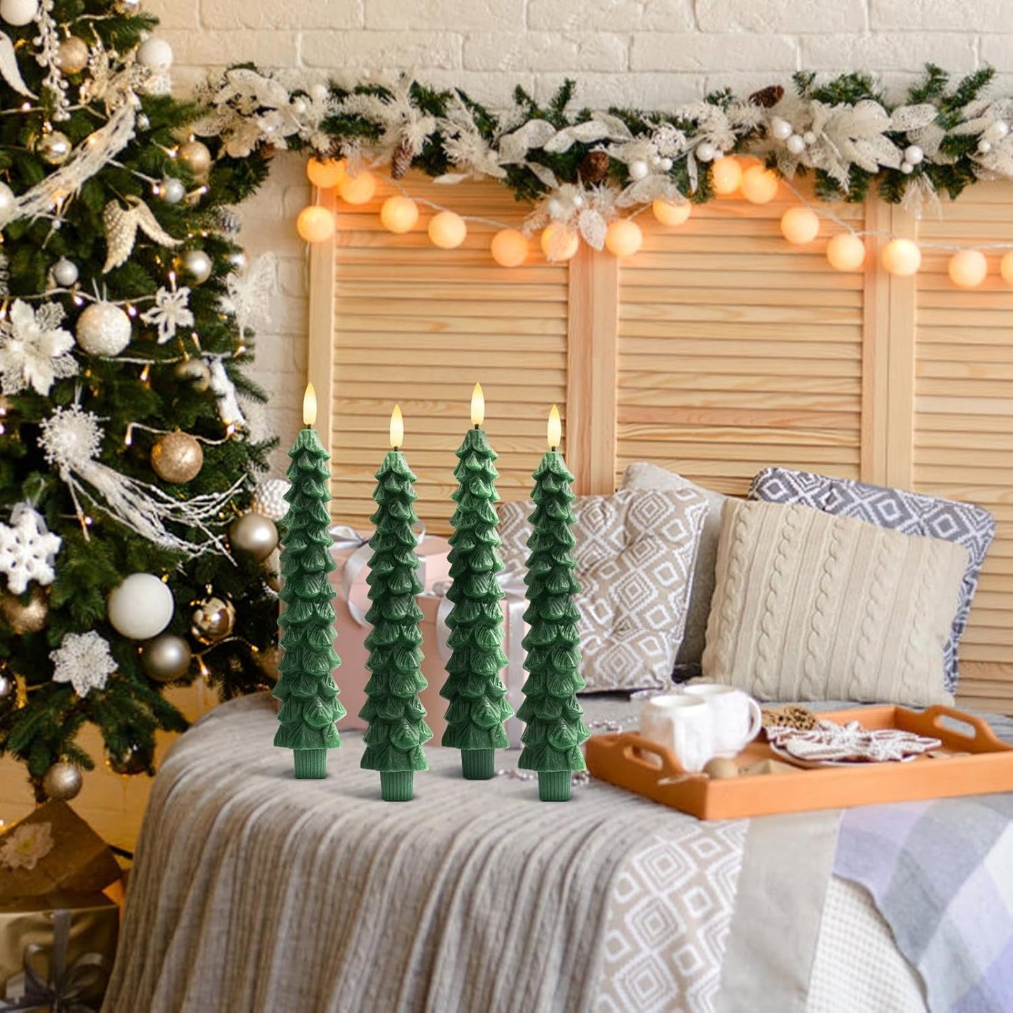 4PCS Christmas Tree Candles, 9.7 Inch Flameless Taper Candles with Remote and Timer, LED Battery Operated Taper Candlesticks with 3D Flickering for Christmas Home Decoration.