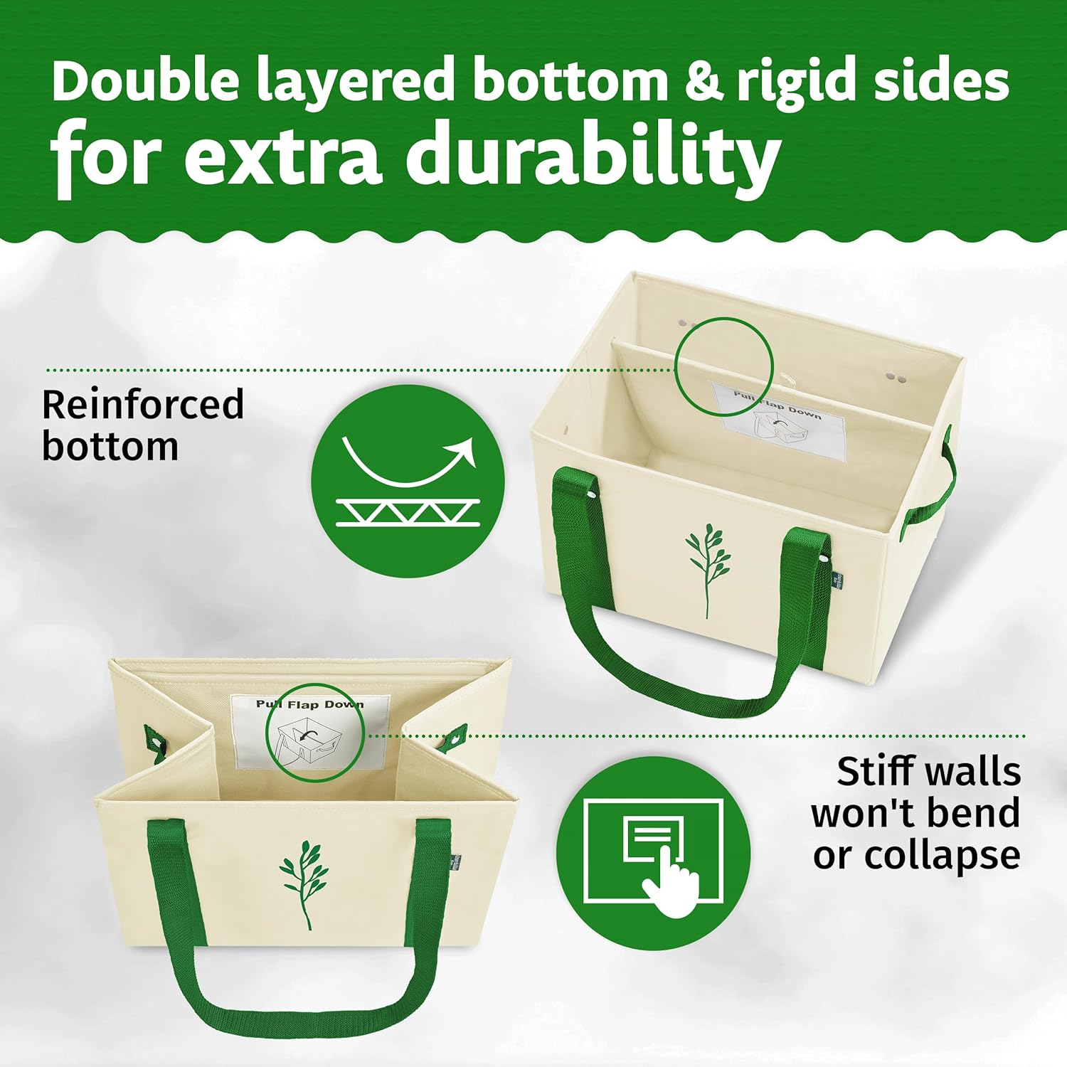Green Bulldog Reusable Grocery Bags - Heavy Duty Reusable Shopping Tote Bags W/Long Handles, Foldable & Collapsible, Holds Up to 65 lbs - for Kitchen, Picnic 3 Pack