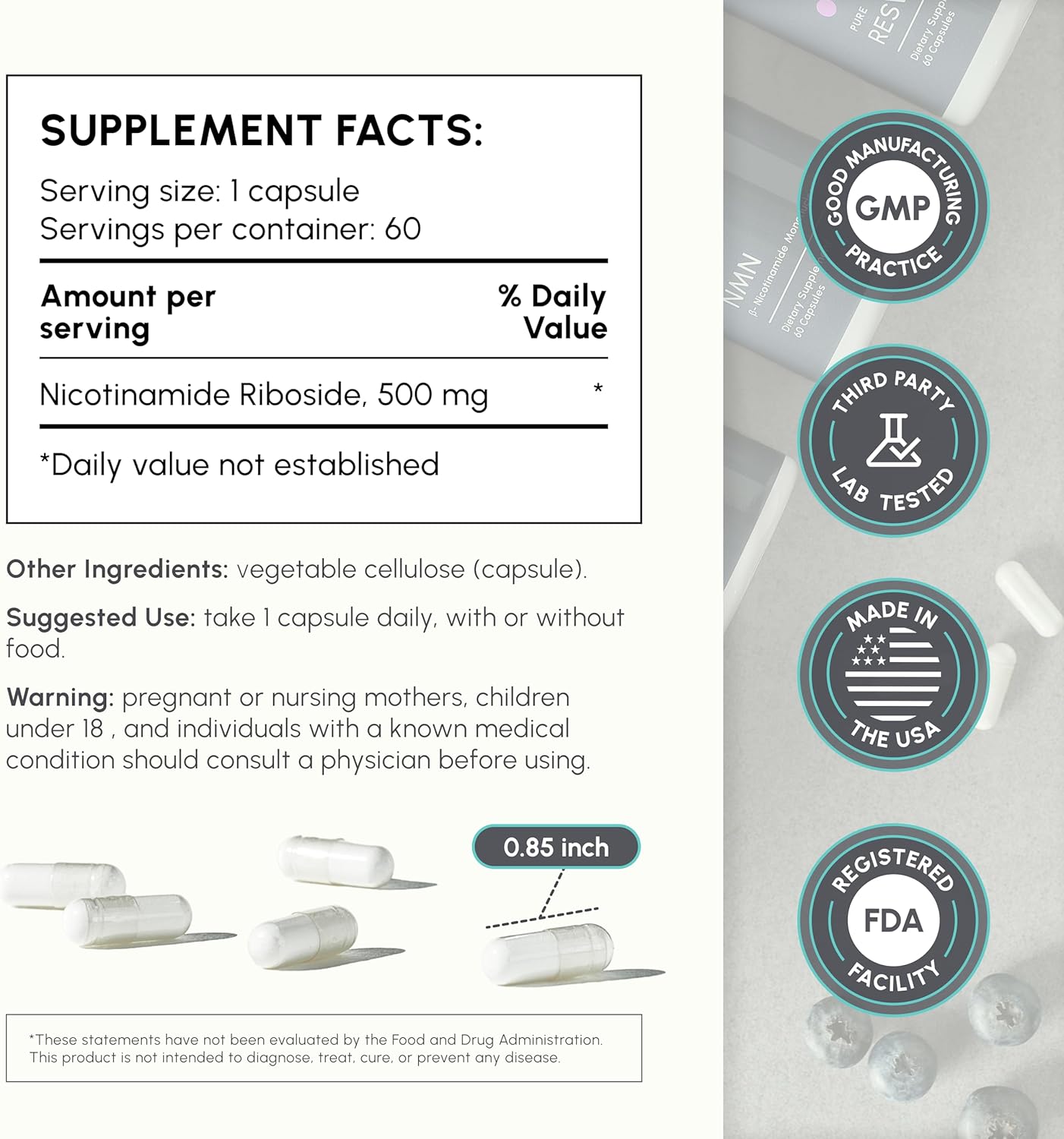 Nicotinamide Riboside (NR) 500mg – NR Supplement for Cellular Health, Anti-Aging, Energy & Metabolism Support – 2-Month Supply (60 Capsules)