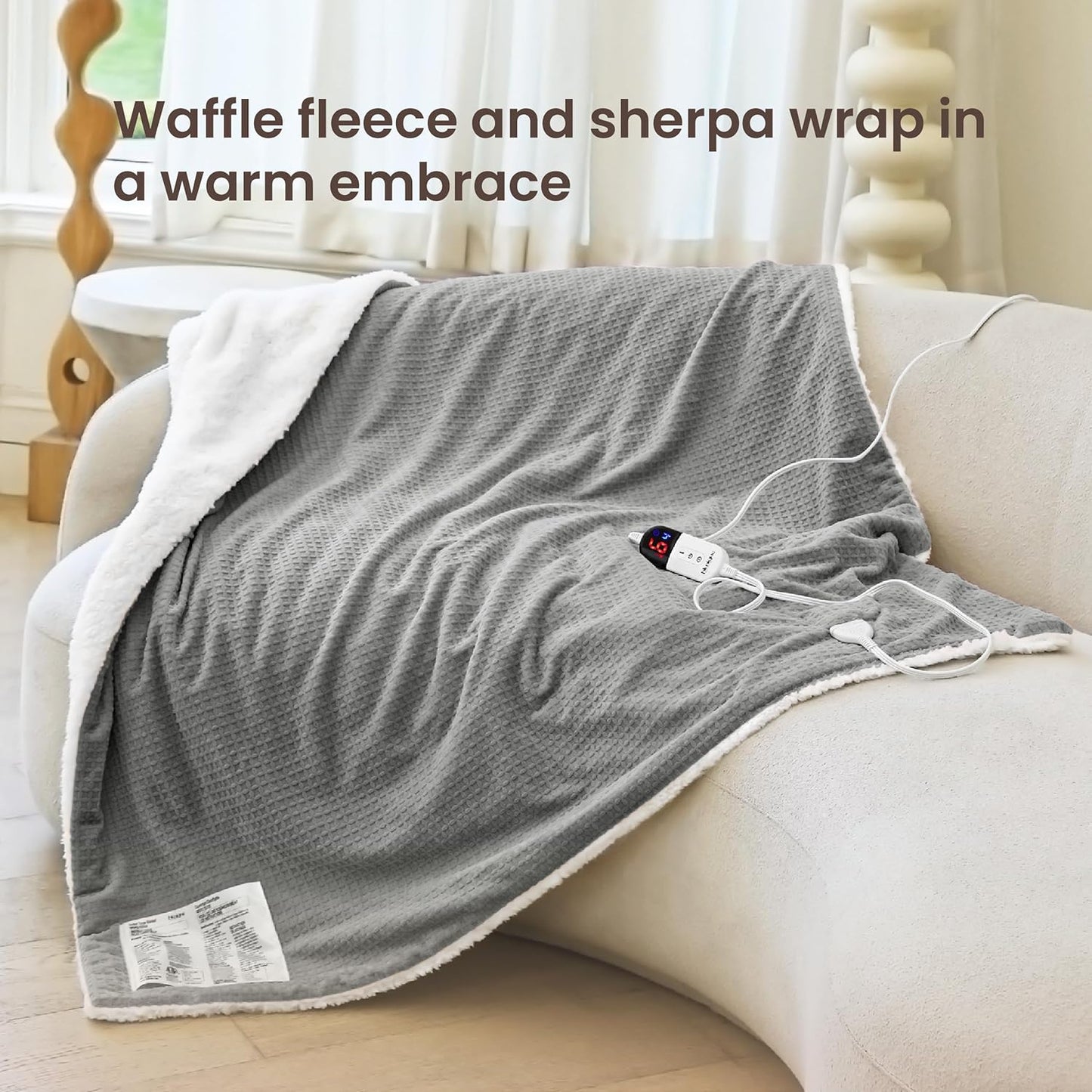 Heated Blanket Electric Throw Waffle, 50x60 Inches Sherpa Fleece Fast Heating Blanket 6 Heating Levels & 4 Hours Auto Off ETL Certification, Grey Throw
