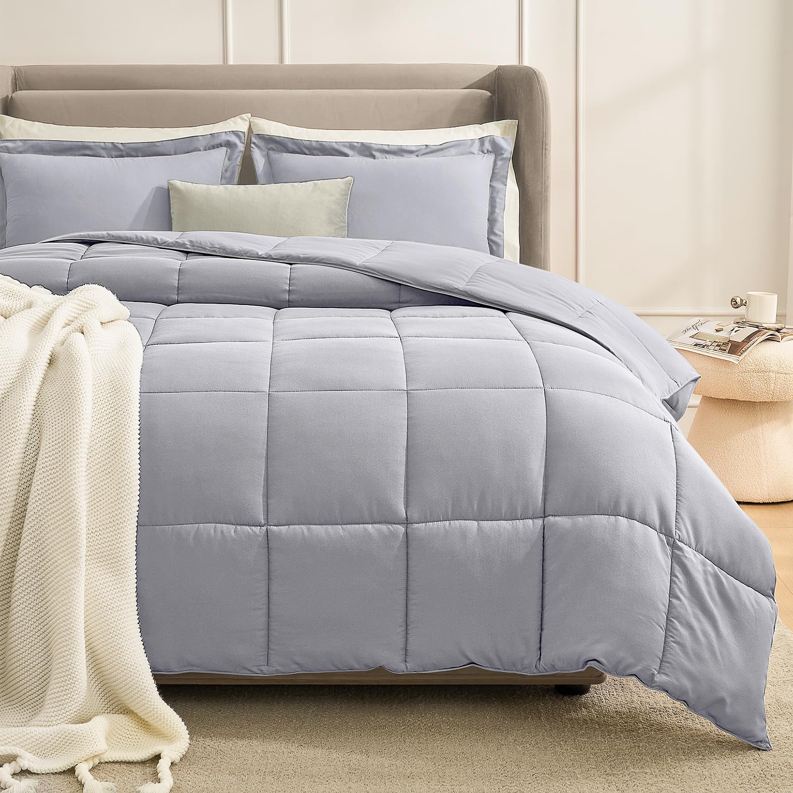 Homelike Moment Queen Comforter Set Grey, Comforters Queen Size Set, Soft Lightweight Down Alternative Bed Comforter Full Size Reversible All Season 3 Pieces Bedding Sets Grey/Light Gray