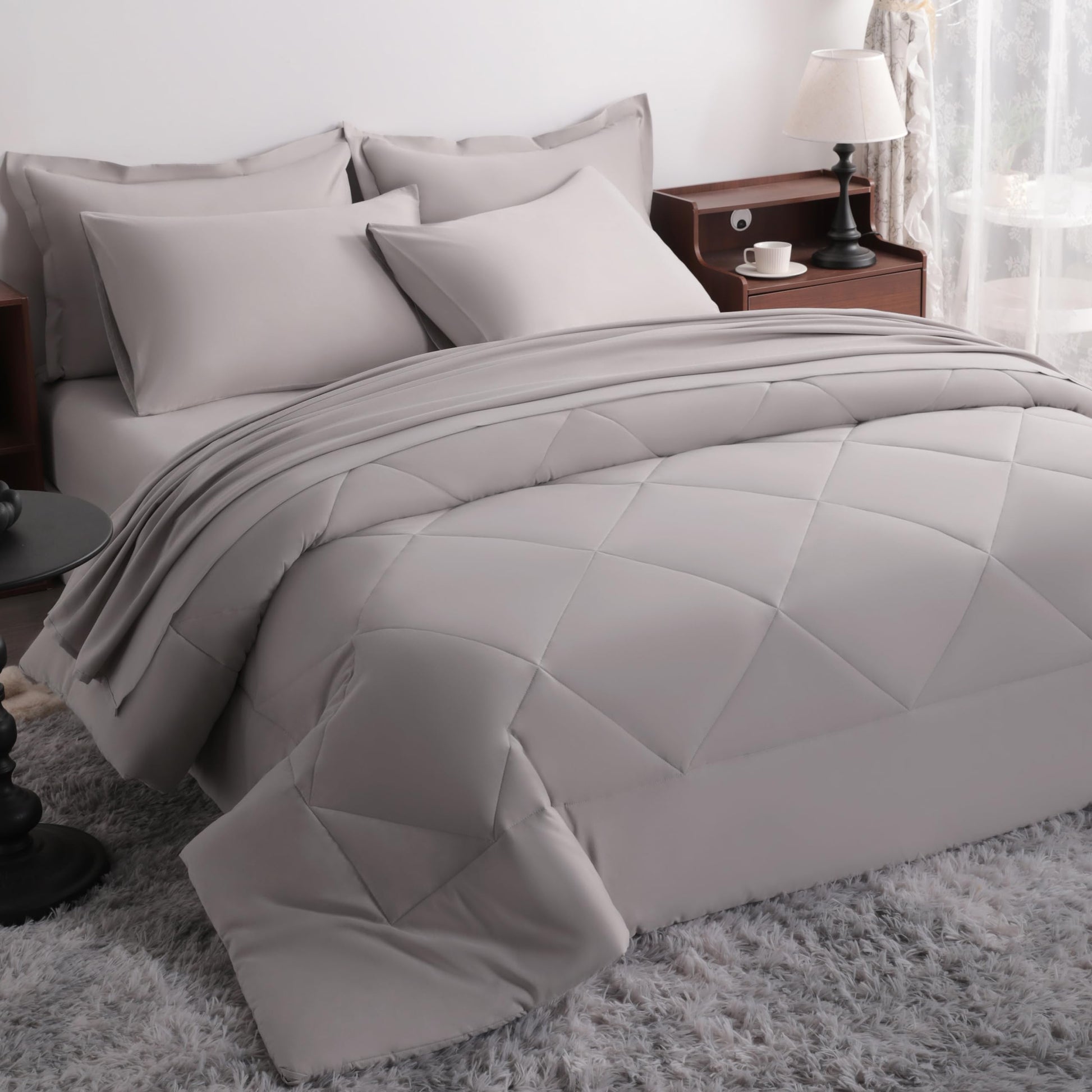 NTBAY King Comforter Set With Sheets, 7 Pieces Soft and Breathable Bedding Set, Bed in a Bag, Down Alternative Solid Color All Season, Pink