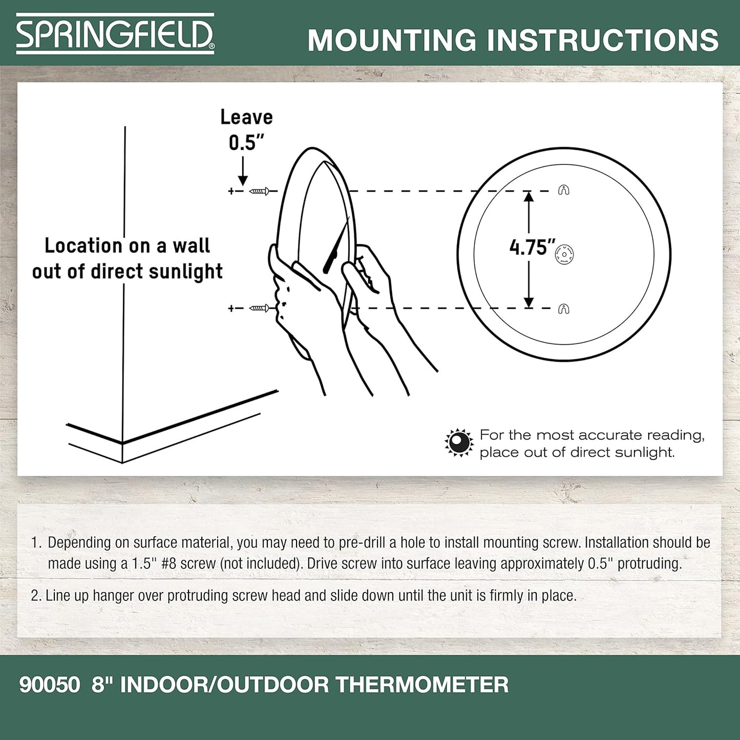 Springfield Indoor Outdoor Big Dial Thermometer, Wireless with Large Easy-to-Read Numbers, 8-Inch Dial for Patio, Pool, or Indoor Use, White Finish