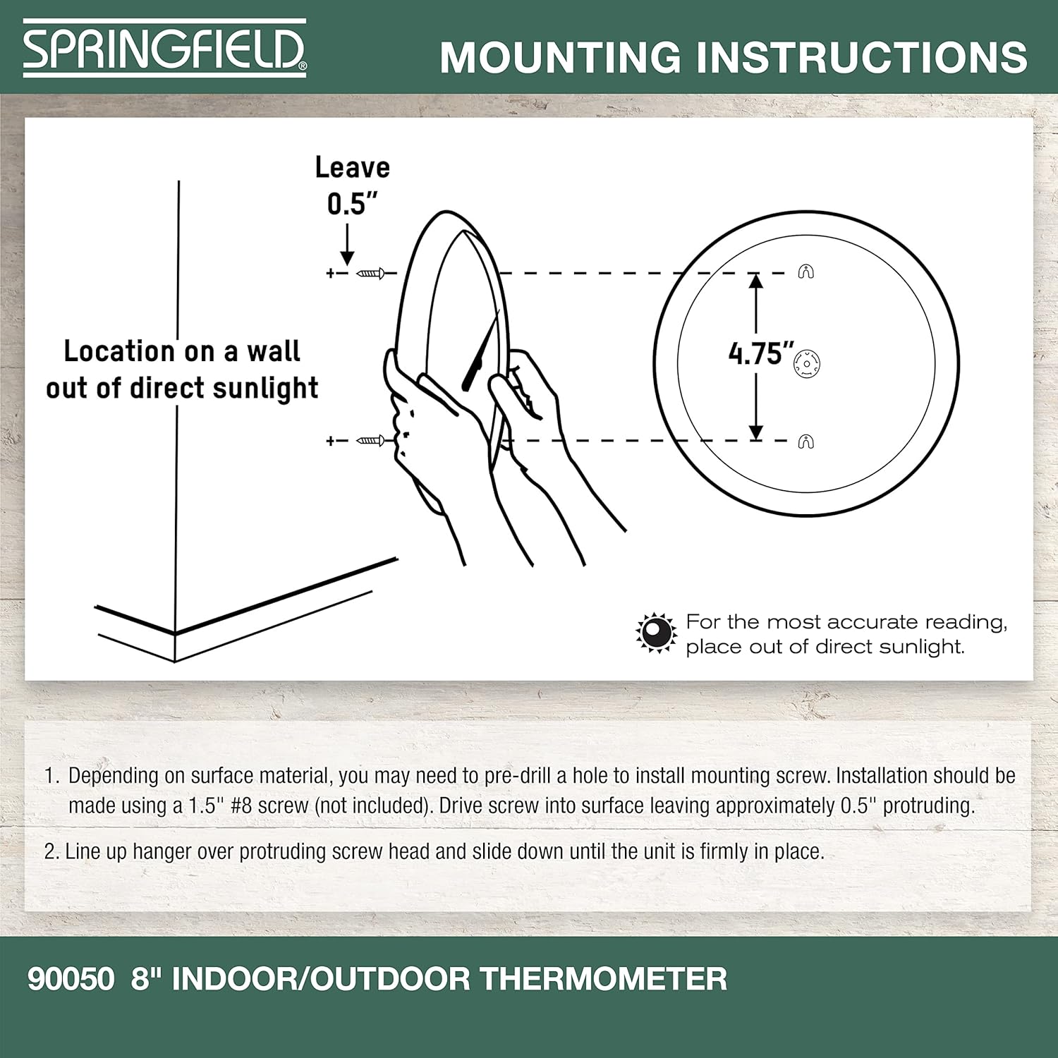 Springfield Indoor Outdoor Big Dial Thermometer, Wireless with Large Easy-to-Read Numbers, 8-Inch Dial for Patio, Pool, or Indoor Use, White Finish