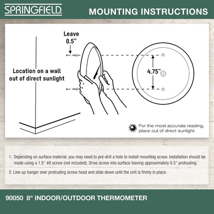 Springfield Indoor Outdoor Big Dial Thermometer, Wireless with Large Easy-to-Read Numbers, 8-Inch Dial for Patio, Pool, or Indoor Use, White Finish