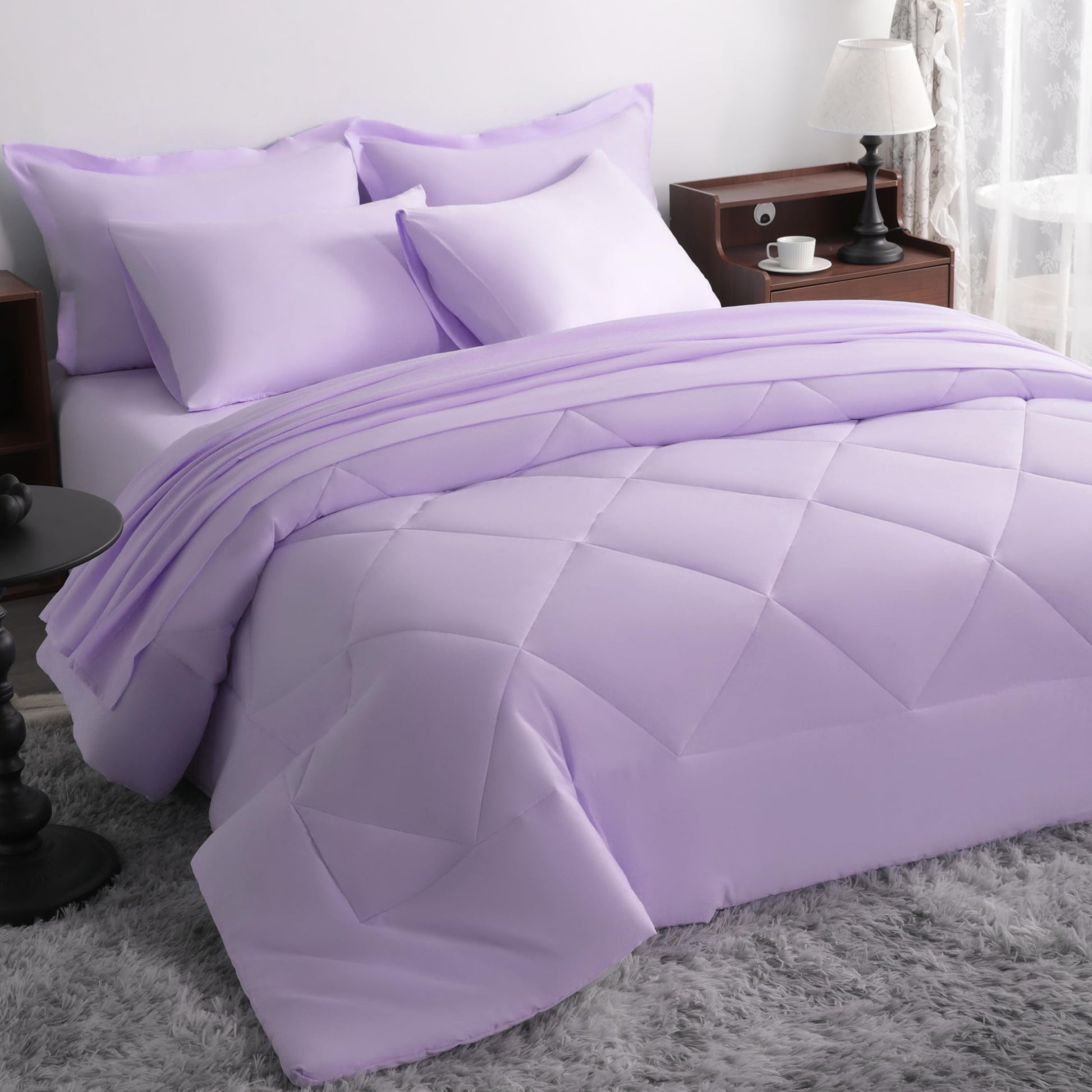 NTBAY King Comforter Set With Sheets, 7 Pieces Soft and Breathable Bedding Set, Bed in a Bag, Down Alternative Solid Color All Season, Pink