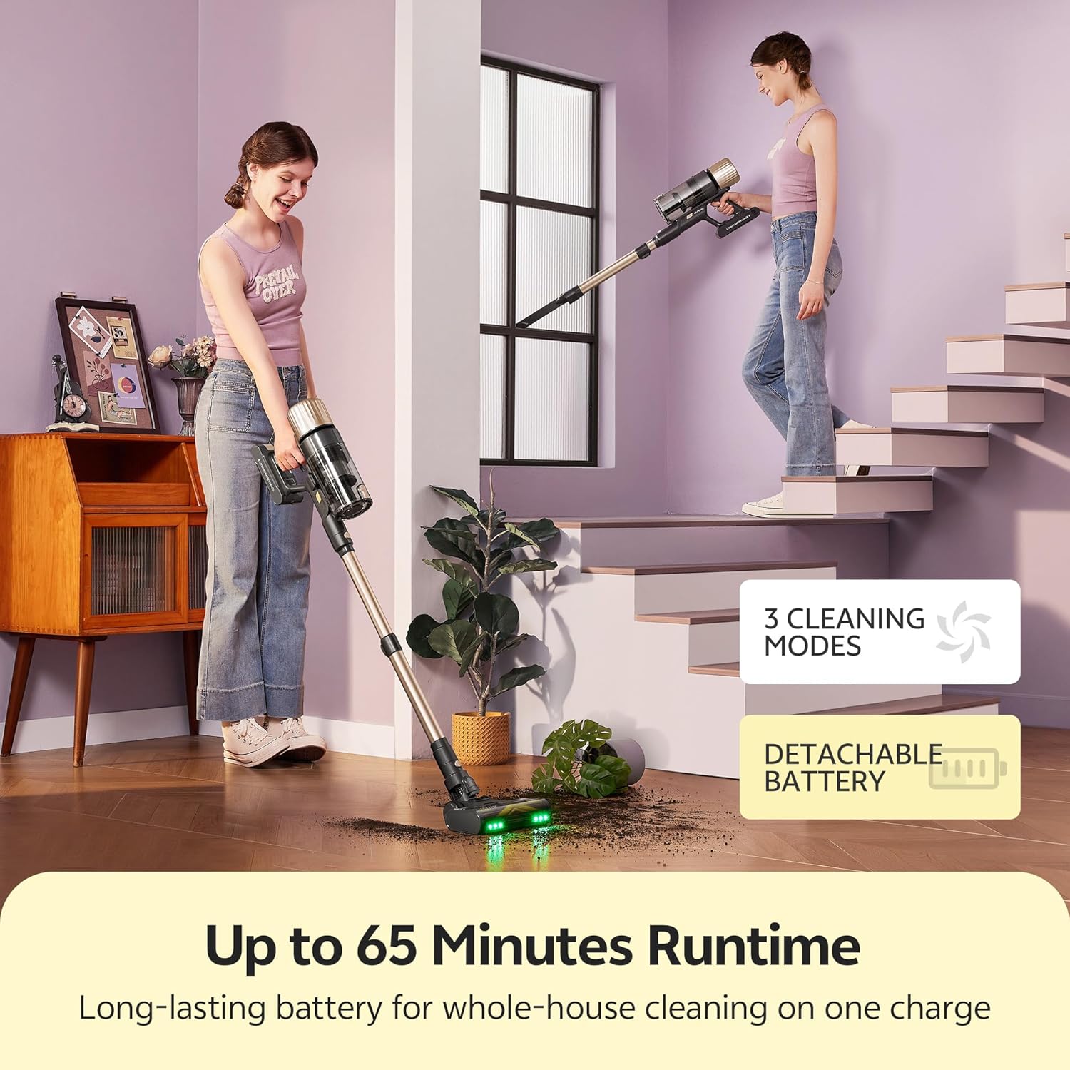Ultenic Cordless Vacuum Cleaner, 600W 60KPA 65Mins, Stick Vacuum Cordless Rechargeable with Touch Screen, Self-Standing, 180° Lay-Flat, Anti-Tangle Handheld Vacuum Cleaners for Home/Pet Hair/Carpets