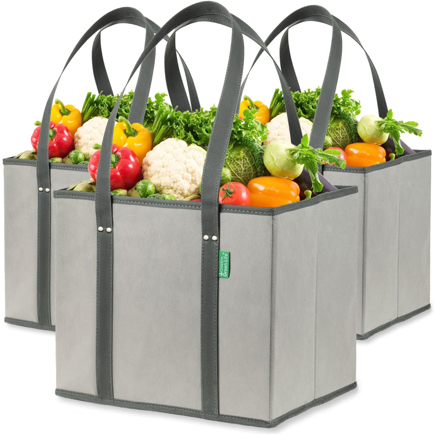 Reusable Grocery Bags (3 Pack) – Heavy Duty Reusable Shopping Bags with Box Shape to Stand Up, Stay Open, Fold Flat – Large Tote Bags are Foldable with Long Handles & Hard Bottom (Navy Blue)