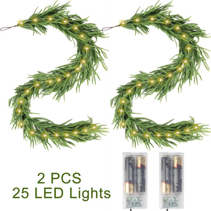 2Pcs 6 Ft Artificial Norfolk Pine Garland with 50 LED Lights,Winter Pine Christmas Garland with Lights,Real Touch Faux Greenery Garland for Mantle Fireplace,Table,Window,Outdoor Christmas Decorations