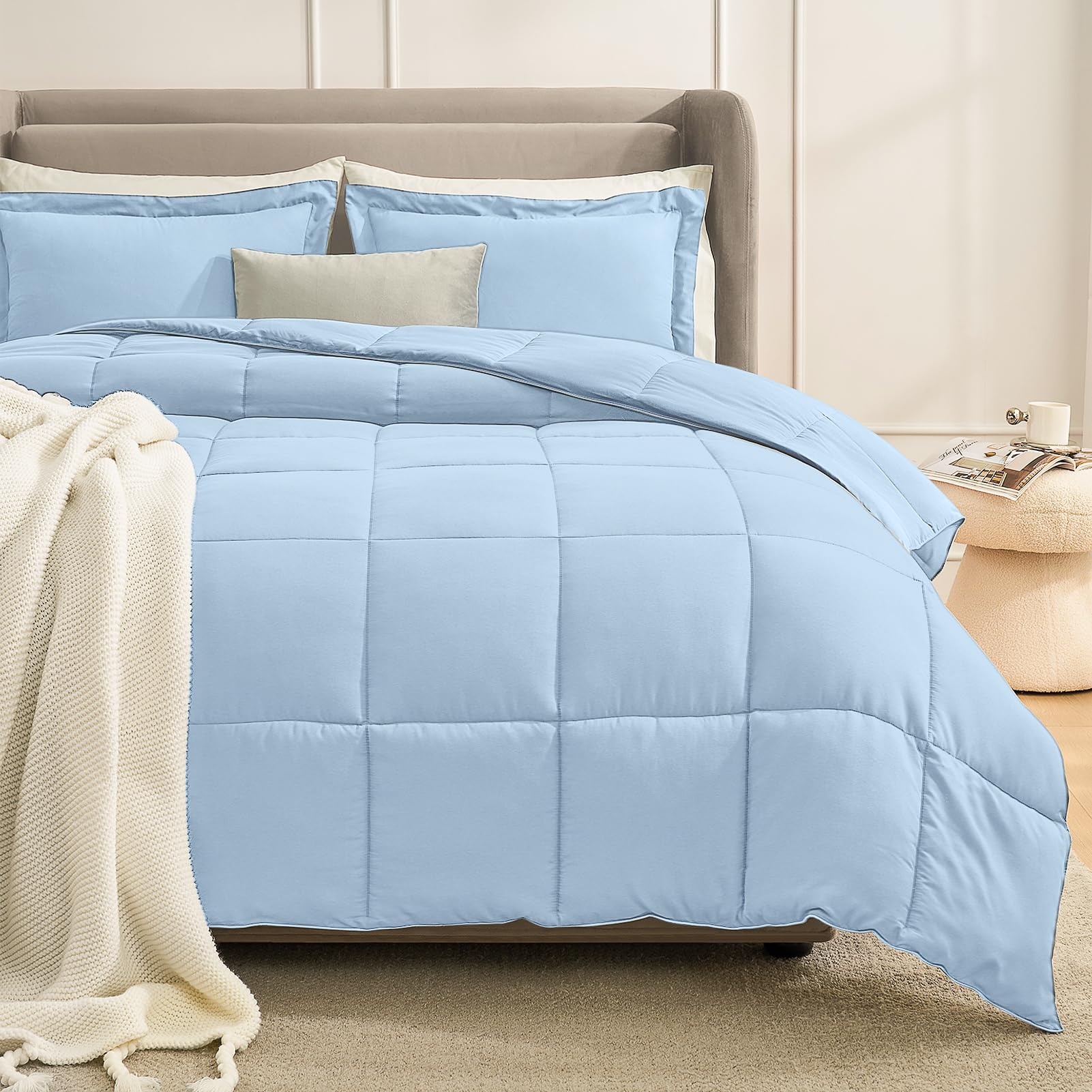 Homelike Moment Queen Comforter Set Grey, Comforters Queen Size Set, Soft Lightweight Down Alternative Bed Comforter Full Size Reversible All Season 3 Pieces Bedding Sets Grey/Light Gray