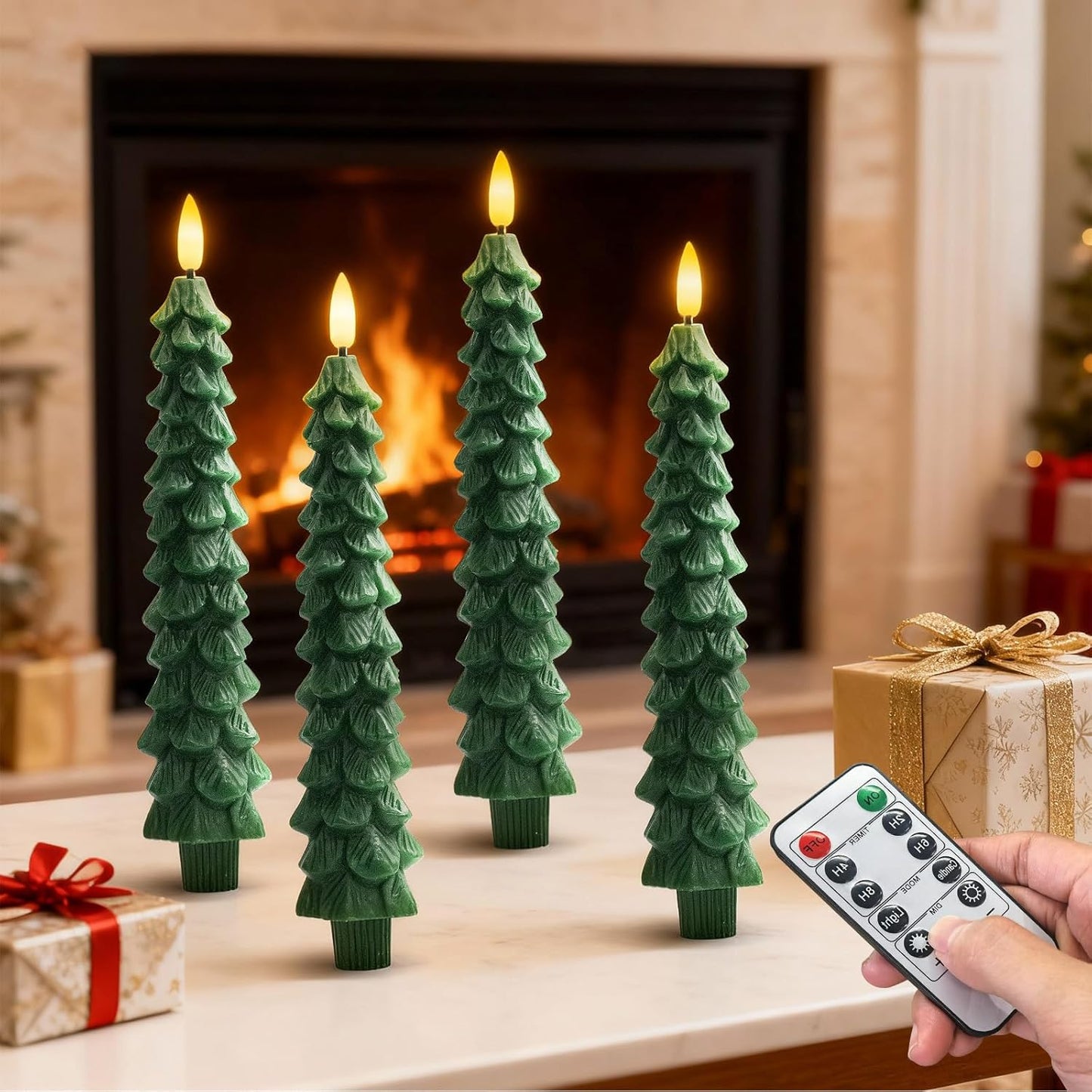 4PCS Christmas Tree Candles, 9.7 Inch Flameless Taper Candles with Remote and Timer, LED Battery Operated Taper Candlesticks with 3D Flickering for Christmas Home Decoration.