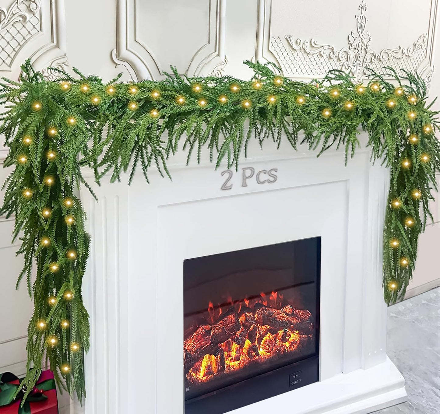 2Pcs 6 Ft Artificial Norfolk Pine Garland with 50 LED Lights,Winter Pine Christmas Garland with Lights,Real Touch Faux Greenery Garland for Mantle Fireplace,Table,Window,Outdoor Christmas Decorations