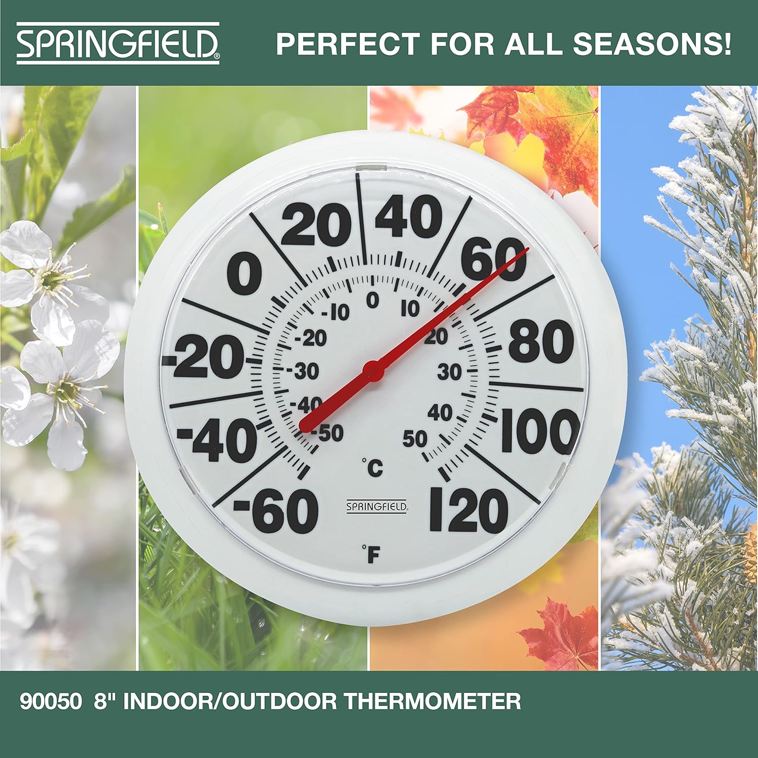 Springfield Indoor Outdoor Big Dial Thermometer, Wireless with Large Easy-to-Read Numbers, 8-Inch Dial for Patio, Pool, or Indoor Use, White Finish