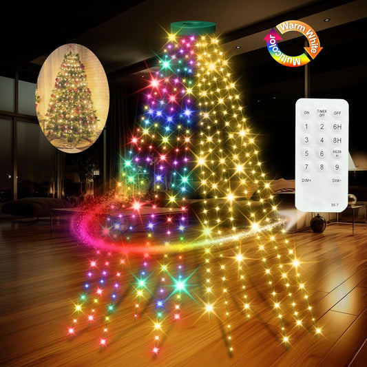 12 Modes Easy Christmas Tree Lights with Ring Indoor Outdoor - 6.56Ft x 12 Lines String 288 LED Timer Dimmable Remote Waterproof Lights for 6 7 Ft Xmas Tree Decor (Warm White or Multicolor)