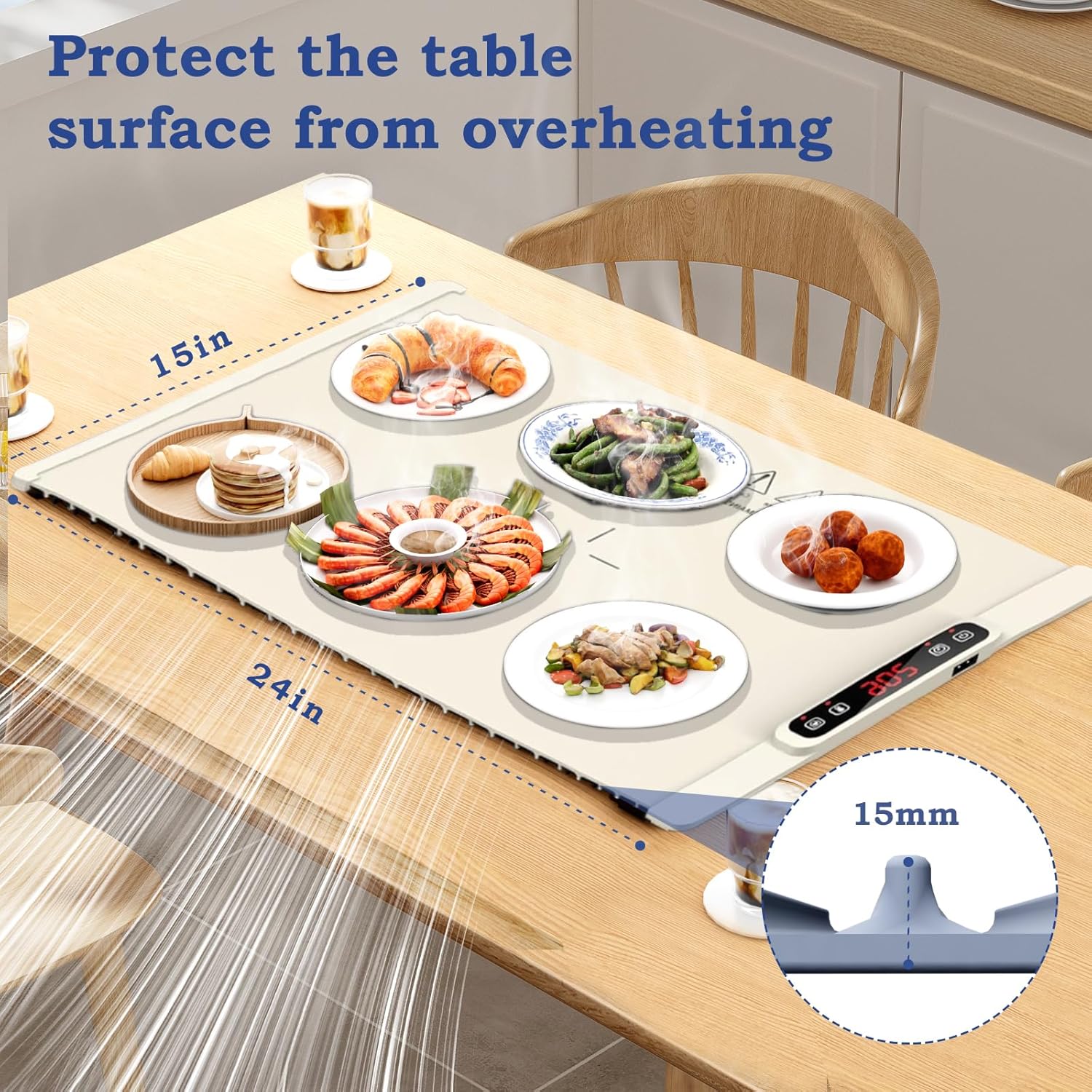 Food Warming Mat, Electric Warming Tray with Child Lock, Premium-Grade Silicone Mat, Heating Fastly in 10s, Portable Design for Home and Kitchen (Beige)