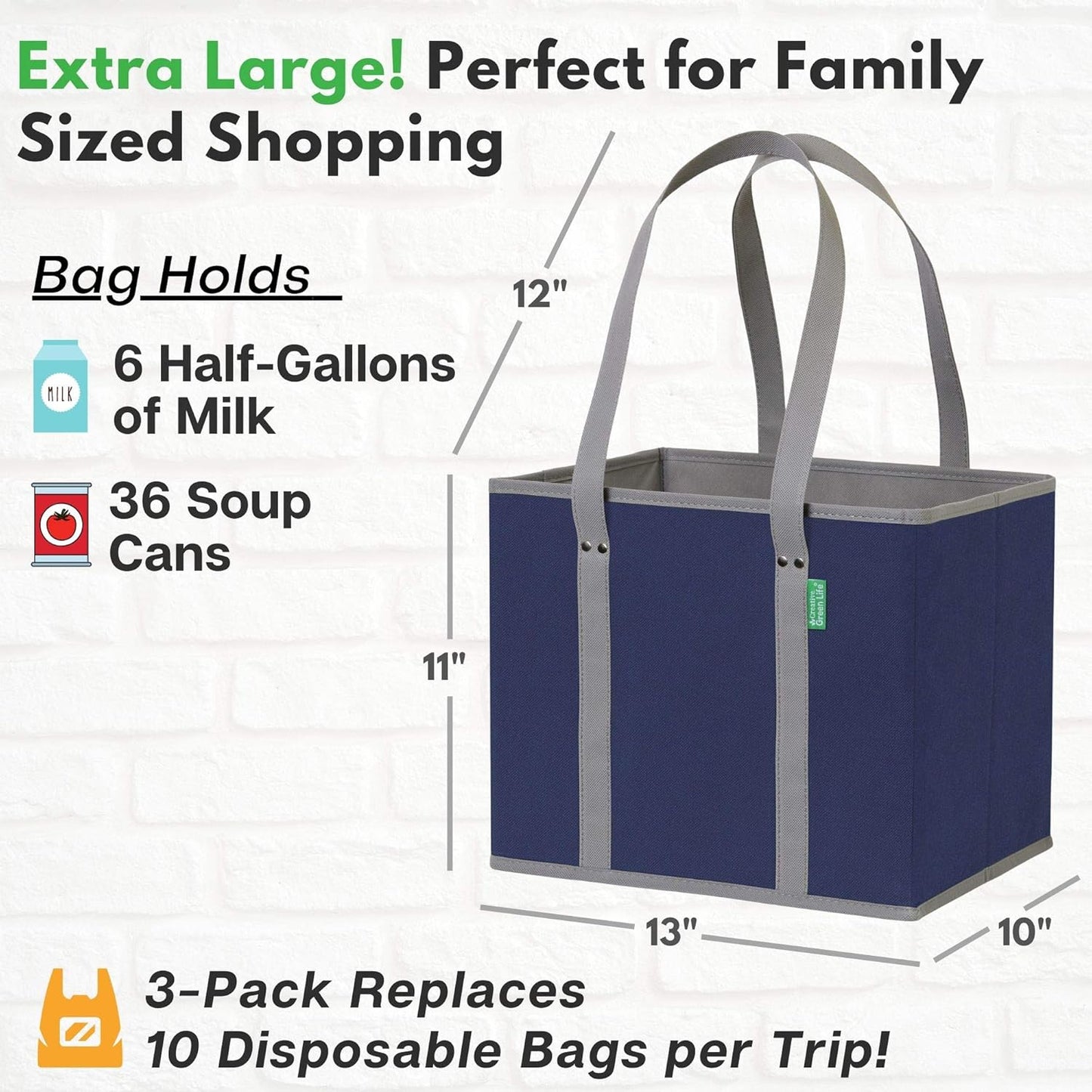 Reusable Grocery Bags (3 Pack) – Heavy Duty Reusable Shopping Bags with Box Shape to Stand Up, Stay Open, Fold Flat – Large Tote Bags are Foldable with Long Handles & Hard Bottom (Navy Blue)