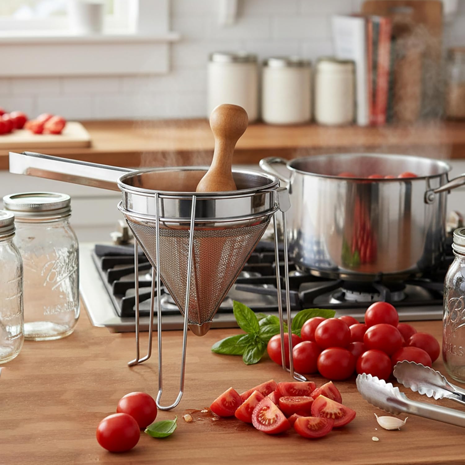 Norpro 642 Stainless Steel Chinois with Stand and Pestle Set, Bouillon Strainer, Jelly Strainer, China Cap