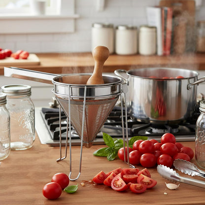 Norpro 642 Stainless Steel Chinois with Stand and Pestle Set, Bouillon Strainer, Jelly Strainer, China Cap