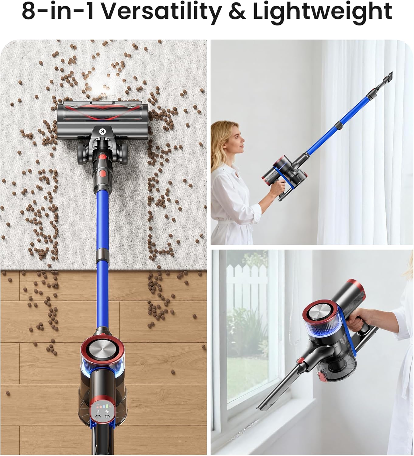 NADALY Cordless Vacuum Cleaner, 550W 45Kpa 65Mins Vacuum Cleaners for Home, Stick Vacuum with LED Display, Anti-Tangle, Self-Standing, 8-in-1 Lightweight Vacuum for Hardwood Floor/Carpet/Pet Hair