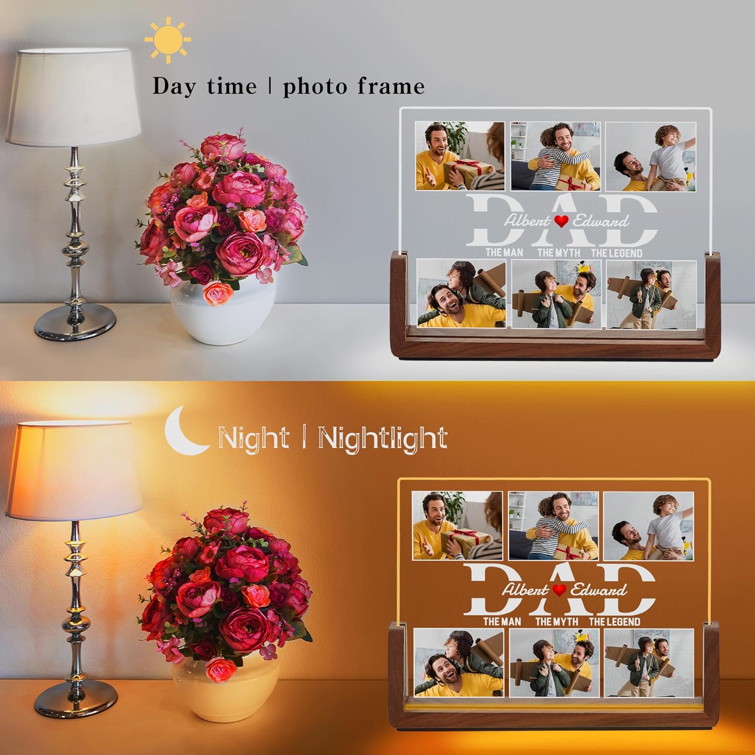 Fathers Day Personalized Gifts for Dad from Daughter Son Kids, Customized Acrylic Plaque LED Walnut Frame with Photos Night Light, Christmas Birthday Gifts for Dad Father PAPA Husband