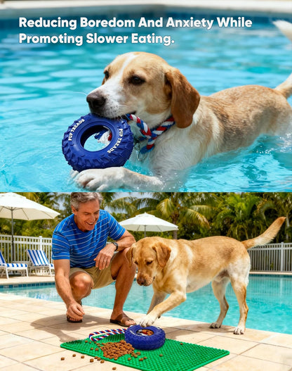 Deeow Dog Tire Toy 6 inch - Treat Dispensing Chew Toy for Aggressive Chewers, Natural Rubber Durable Chew Bone for Medium Large Dogs, Mental Stimulation Puzzle Feeder Interactive Pet Toy-Blue