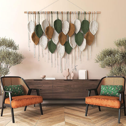 KHOYIME Large Macrame Wall Hanging Boho Woven Tapestry, Chic Home Decor Modern Bohemian Handmade Leaf Feather Wall Art Decorations for Apartment Dorm Living Room Bedroom Nursery Backdrop 39"W X 29.5"L