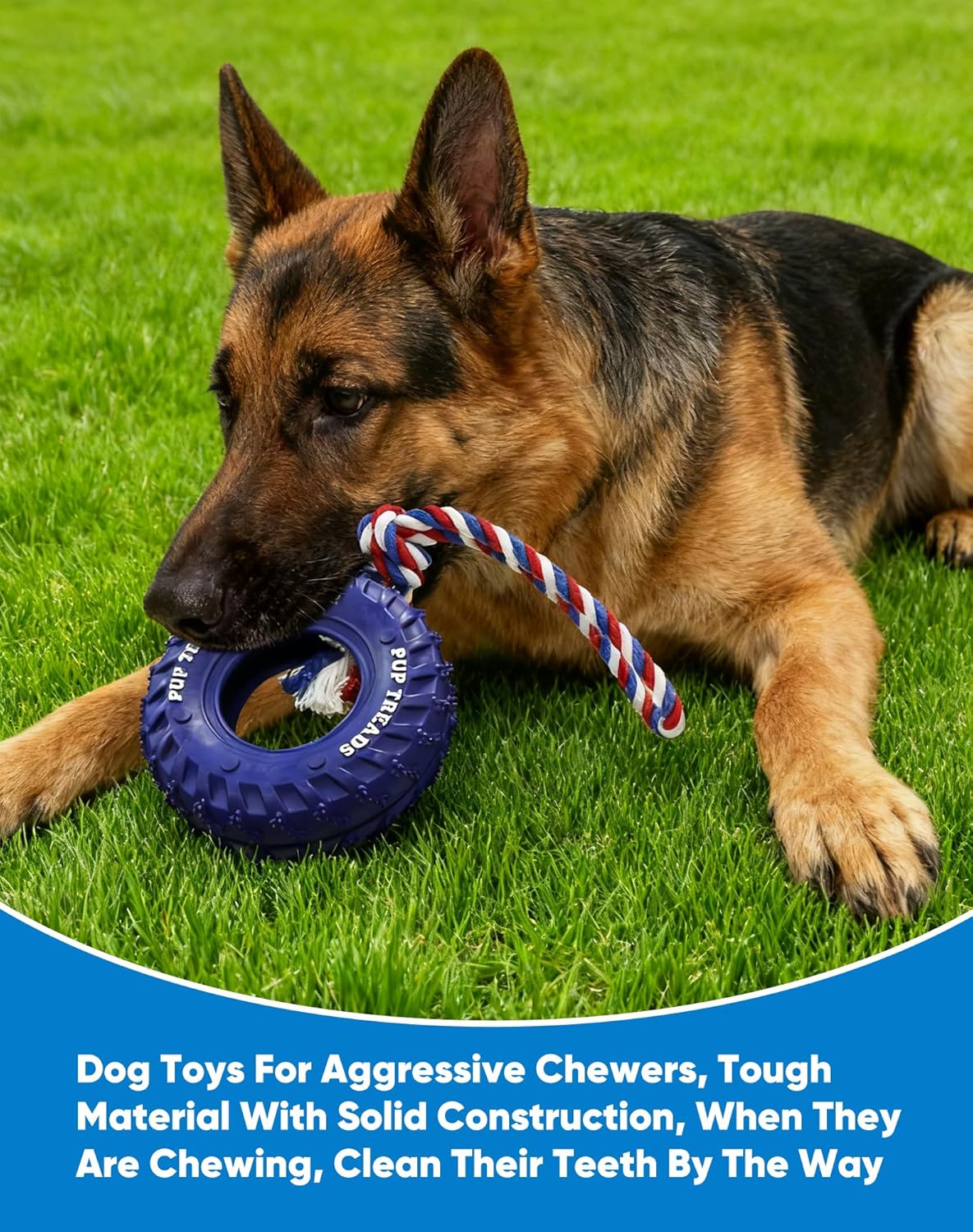Deeow Dog Tire Toy 6 inch - Treat Dispensing Chew Toy for Aggressive Chewers, Natural Rubber Durable Chew Bone for Medium Large Dogs, Mental Stimulation Puzzle Feeder Interactive Pet Toy-Blue